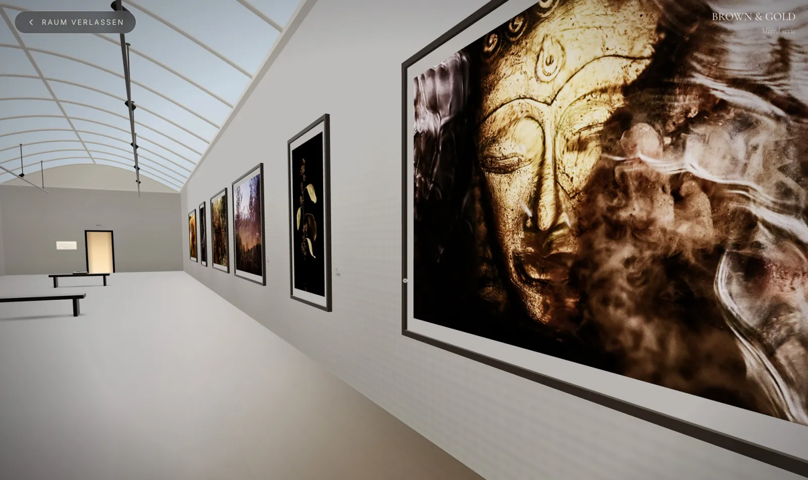 Galerie 3D pour artistes peintres : salle exposant des peintures abstraites, série Brown & Gold