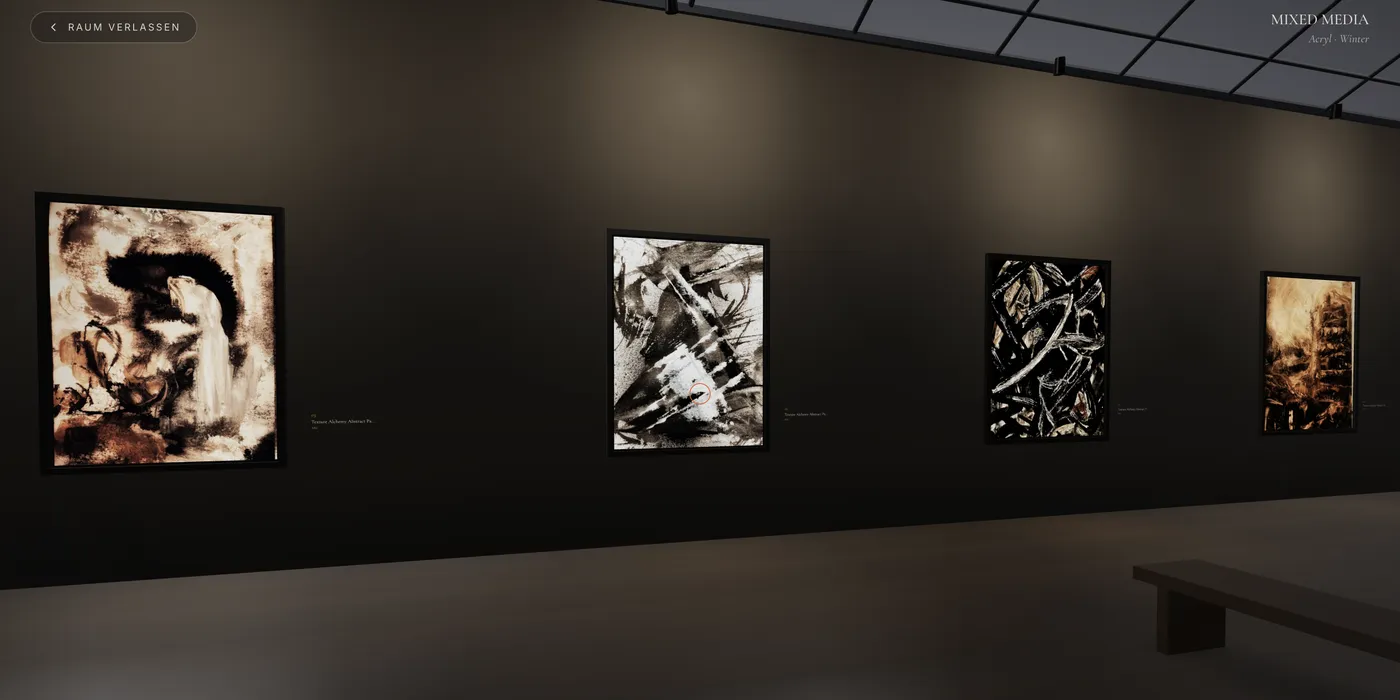 Begehbarer 3D-Galerieraum — Werke an der Wand in schräger Perspektive
