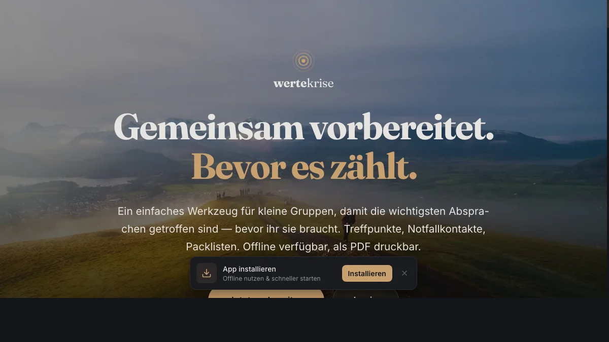 Aperçu de Wertekrise — outil de préparation aux crises pour familles et petits groupes