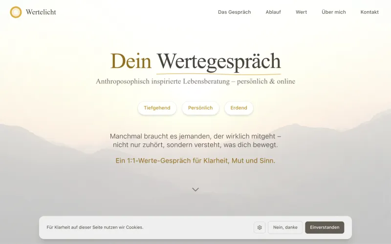 Aperçu de Wertegespräch — accompagnement pour la clarté intérieure, l'orientation et le sens de la vie