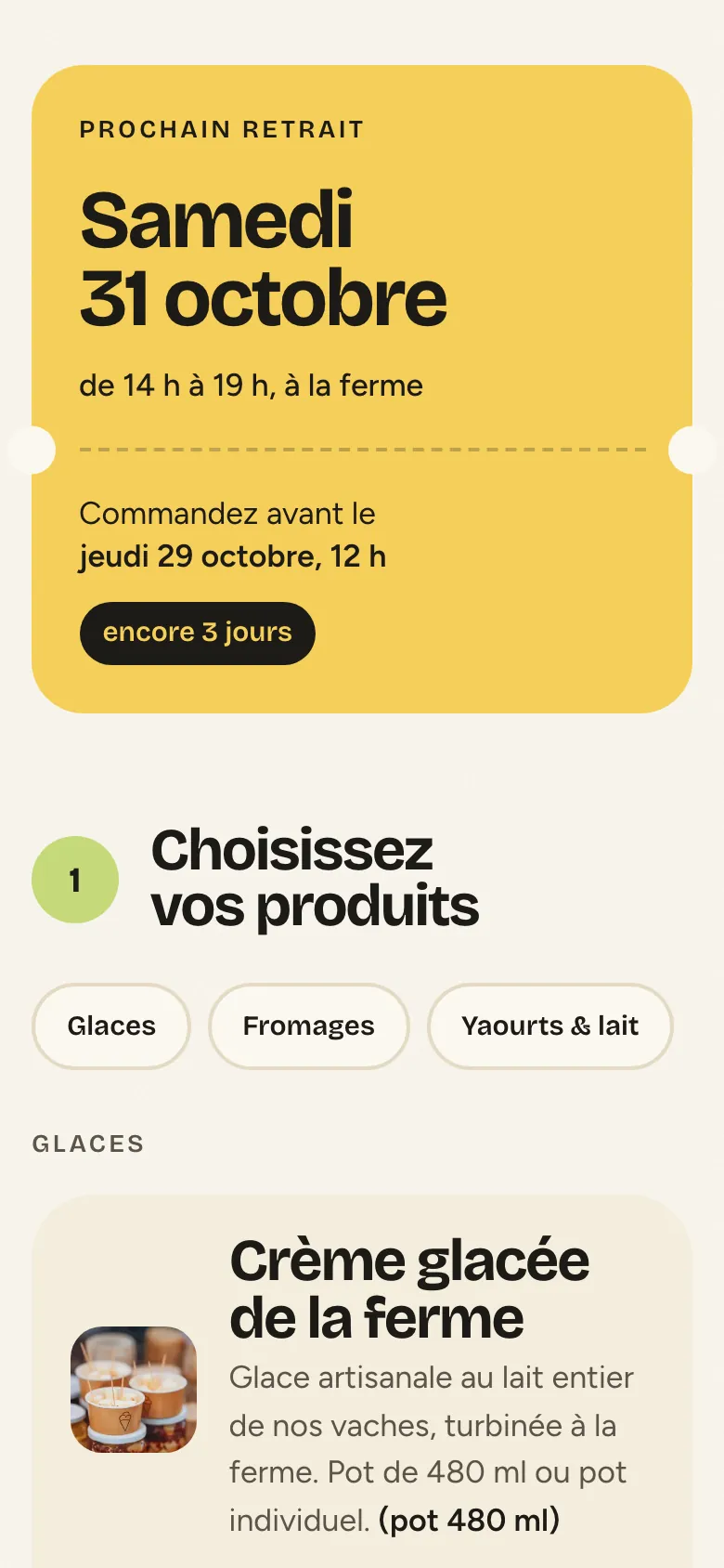 Capture d'écran sur téléphone : la carte de la boutique d'une ferme, avec les produits et leurs prix