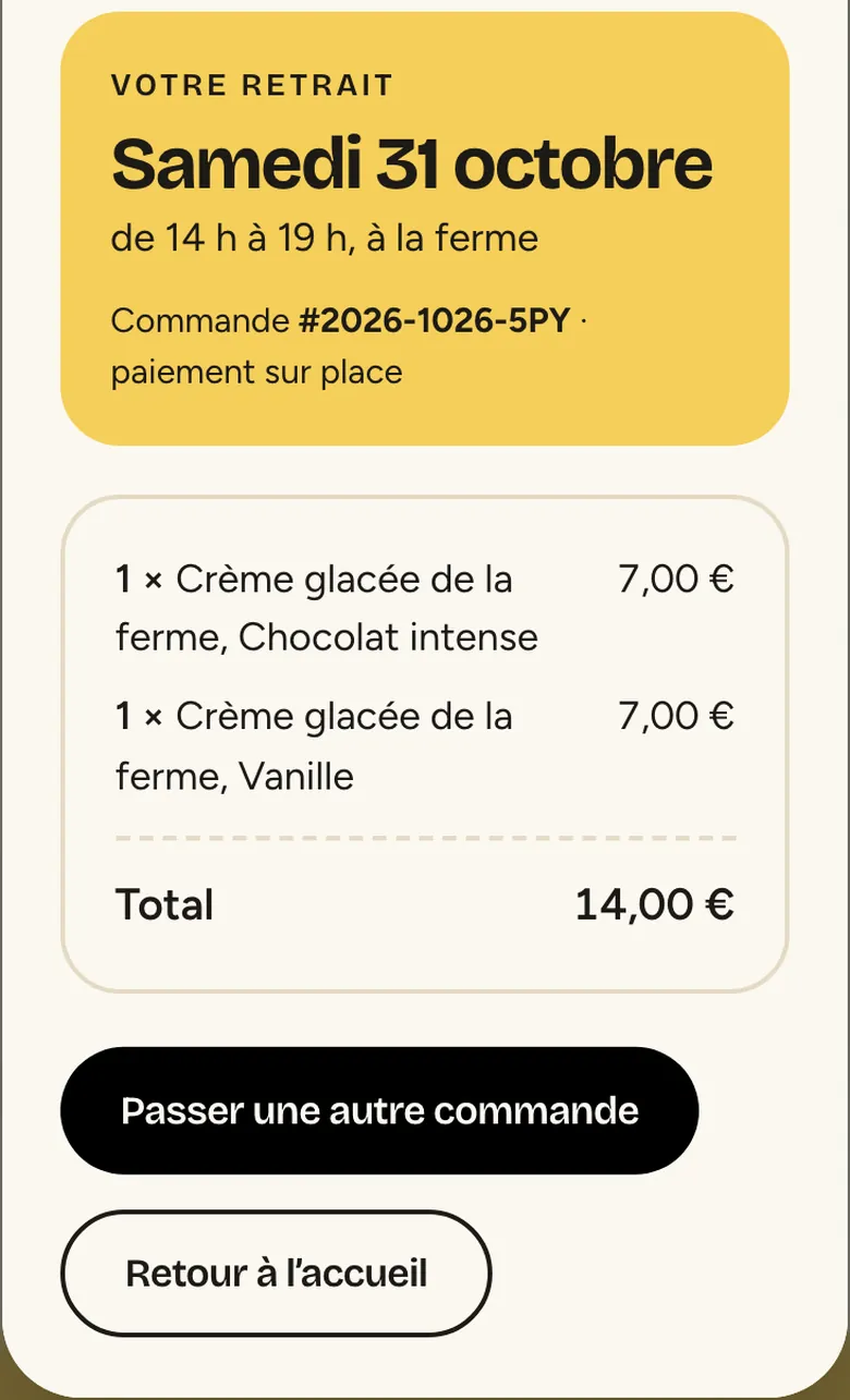 Capture d'écran sur téléphone : confirmation de commande avec le numéro de commande et le jour de retrait