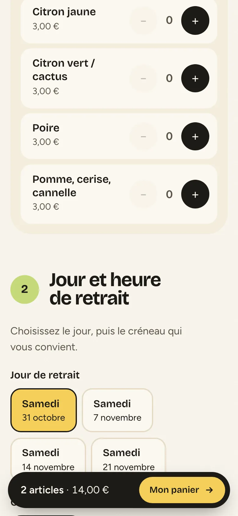 Capture d'écran sur téléphone : choix du jour de retrait et du créneau, avec l'heure limite